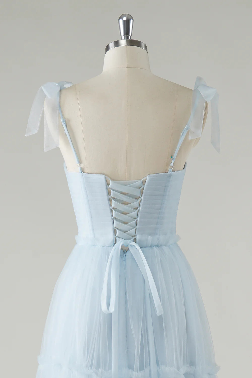 Sky Blue A Line Spaghetti Straps Corset Long Bridesmaid Dress with Lace Up Back