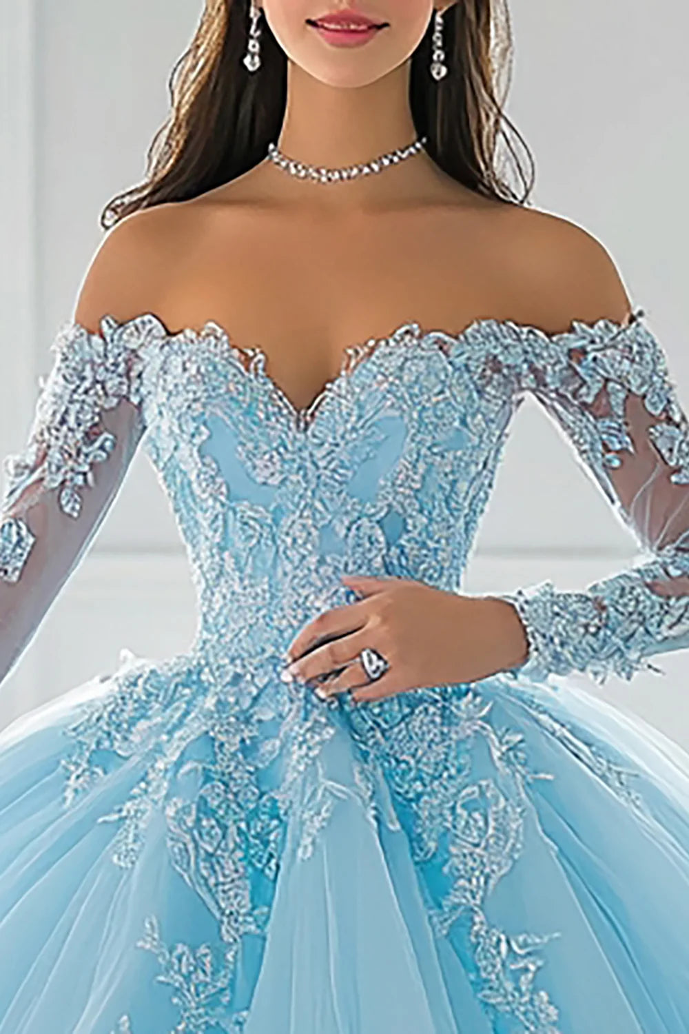 Sky Blue Ball Gown Long Sleeves Quinceanera Dress with Lace