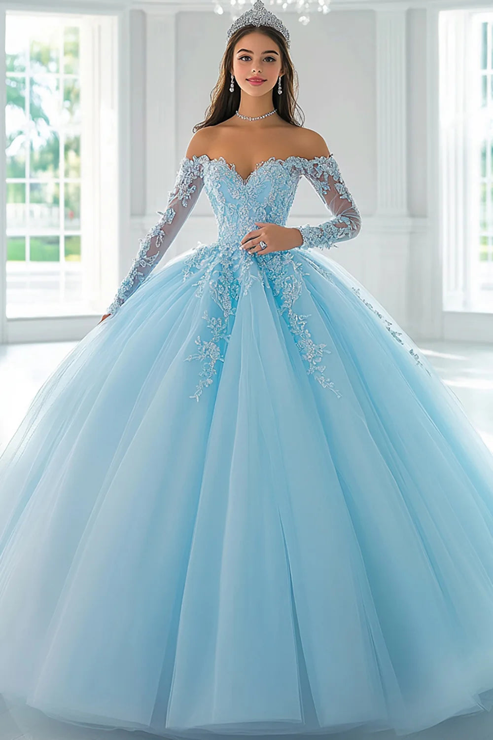 Sky Blue Ball Gown Long Sleeves Quinceanera Dress with Lace
