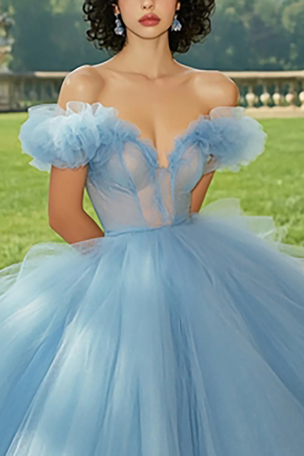 Sky Blue Ball Gown Tulle Princess Long Quinceanera Dress with Ruffles