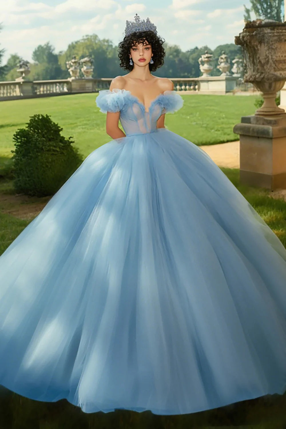 Sky Blue Ball Gown Tulle Princess Long Quinceanera Dress with Ruffles