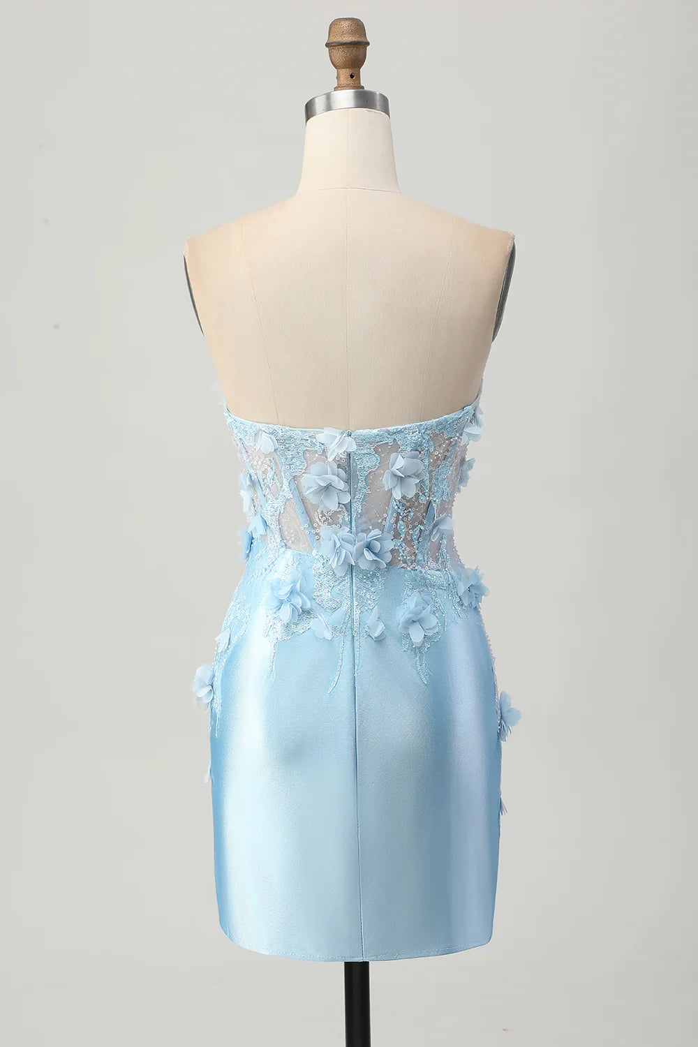 Sky Blue Corset Floral Tight Short Satin Homecoming Dress