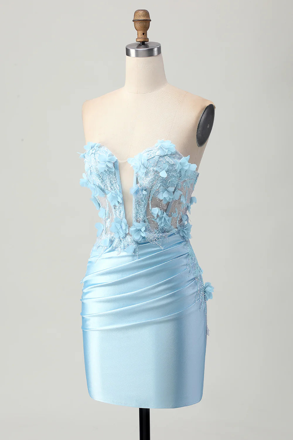 Sky Blue Corset Floral Tight Short Satin Homecoming Dress
