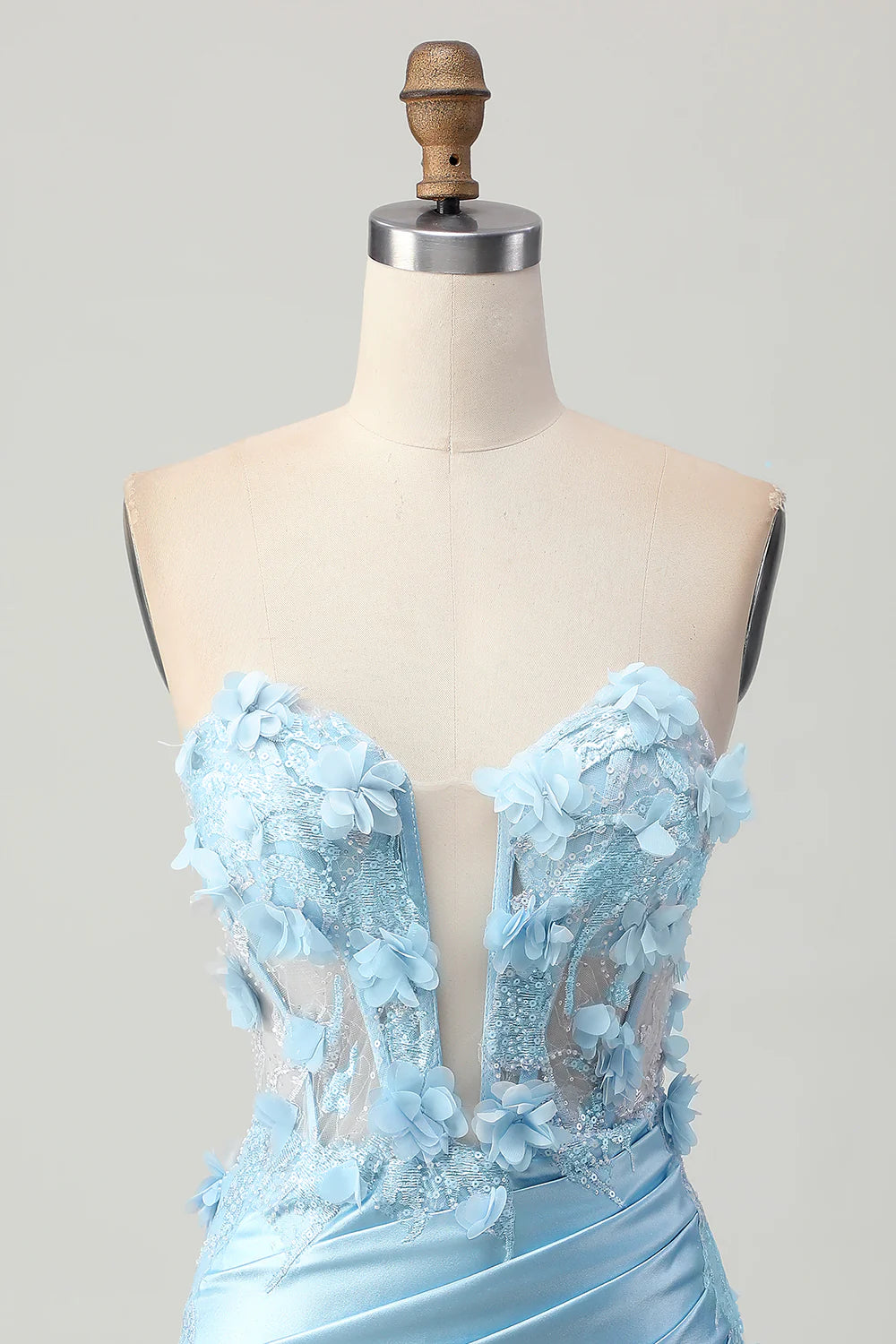 Sky Blue Corset Floral Tight Short Satin Homecoming Dress