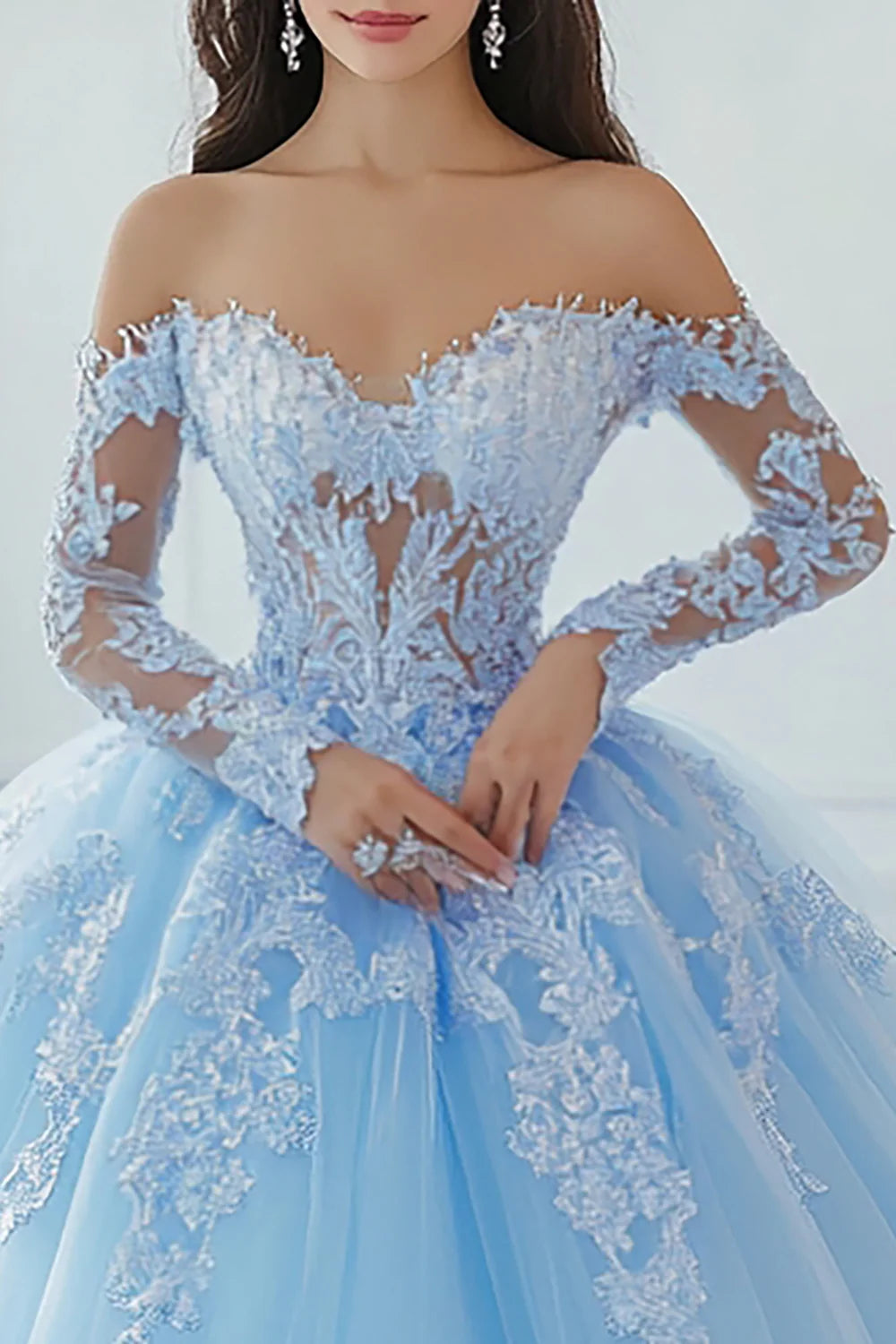 Sky Blue Long Sleeves Ball Gown Princess Quinceanera Dress with Lace