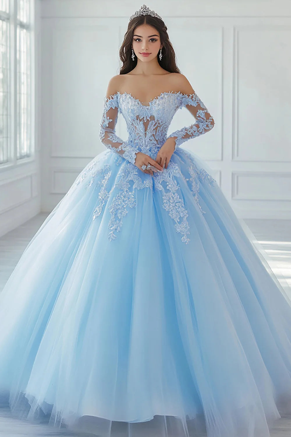 Sky Blue Long Sleeves Ball Gown Princess Quinceanera Dress with Lace