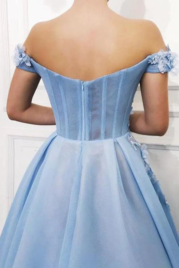 Sky Blue Off the Shoulder Flower Appliques Long Beautiful Full Of Charm Prom Dress