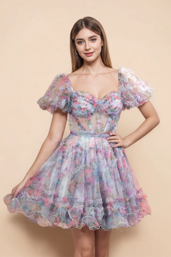 Sky Blue Off the Shoulder Puff Sleeves Printed Homecoming Dress