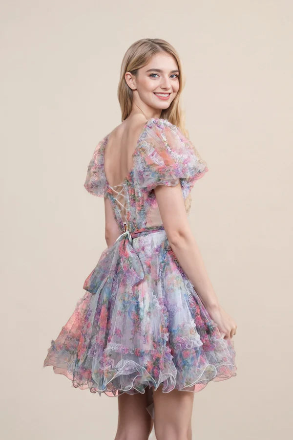 Sky Blue Off the Shoulder Puff Sleeves Printed Homecoming Dress