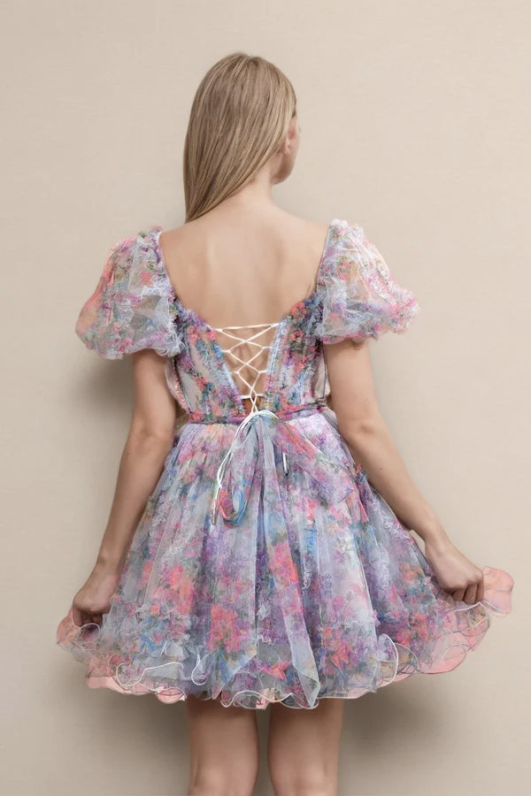 Sky Blue Off the Shoulder Puff Sleeves Printed Homecoming Dress