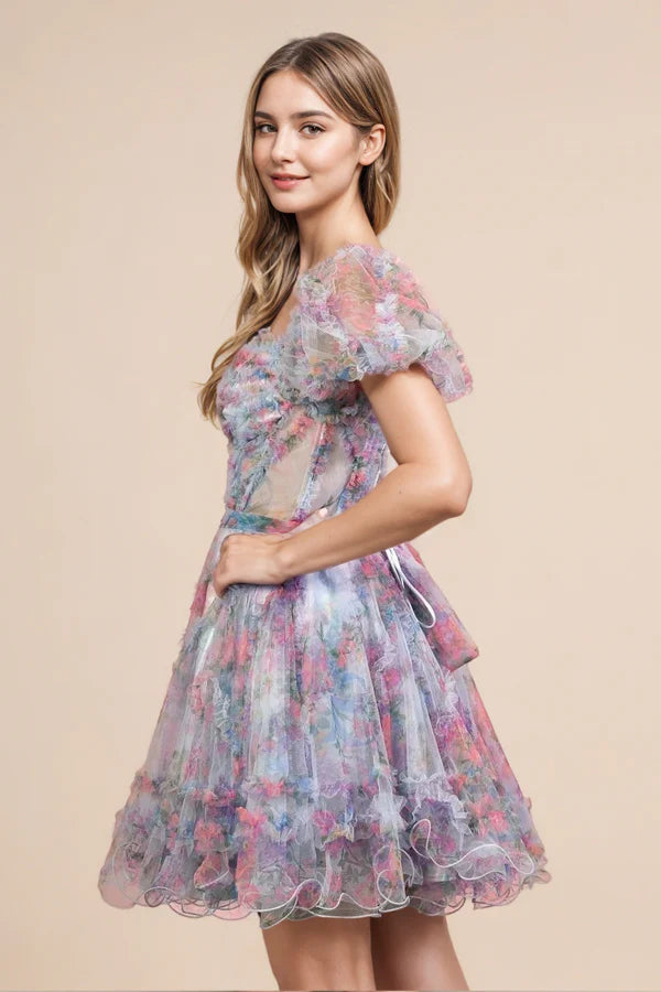 Sky Blue Off the Shoulder Puff Sleeves Printed Homecoming Dress