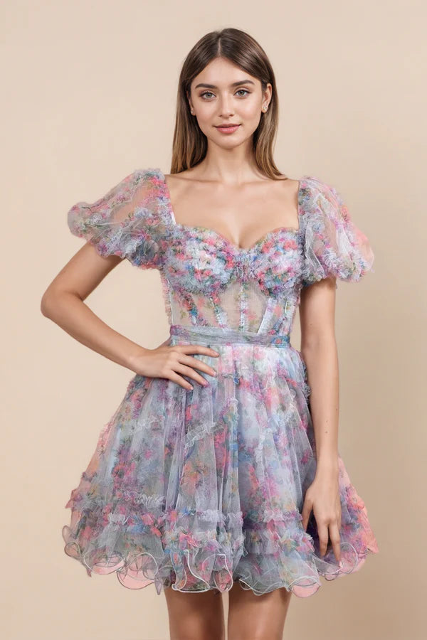 Sky Blue Off the Shoulder Puff Sleeves Printed Homecoming Dress
