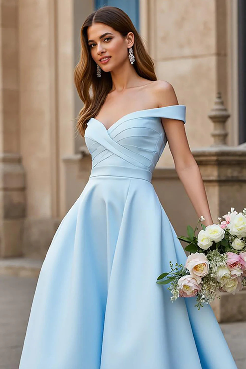 Sky Blue Off the Shoulder Satin Sweep Train Wedding Dress with Bow