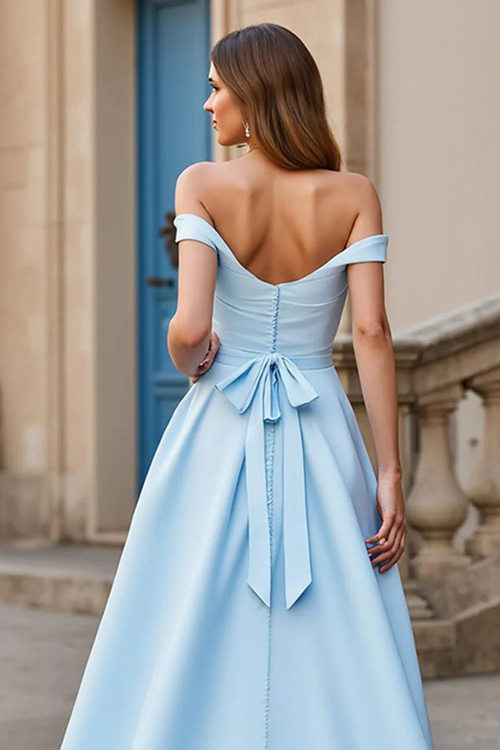 Sky Blue Off the Shoulder Satin Sweep Train Wedding Dress with Bow