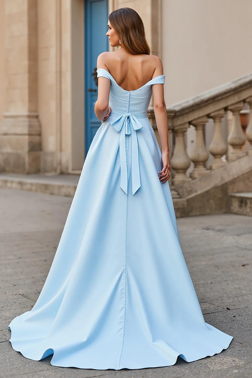 Sky Blue Off the Shoulder Satin Sweep Train Wedding Dress with Bow