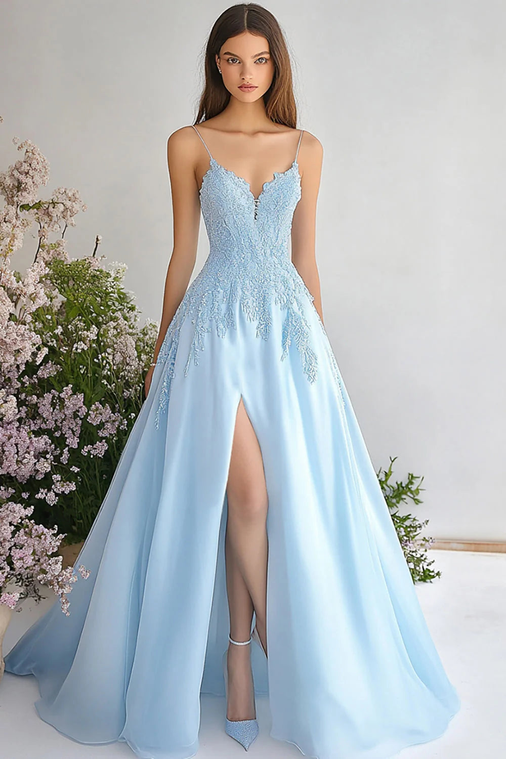 Sky Blue Organza Lace V-Neck Long A-Line Prom Dress with Slit
