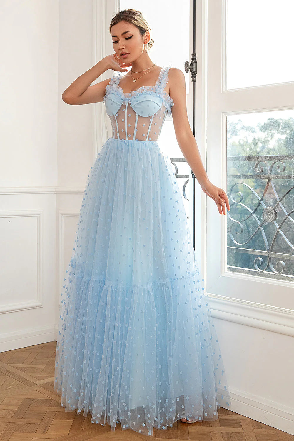 Sky Blue Polka Dots Tulle Full Of Charm Prom Dress