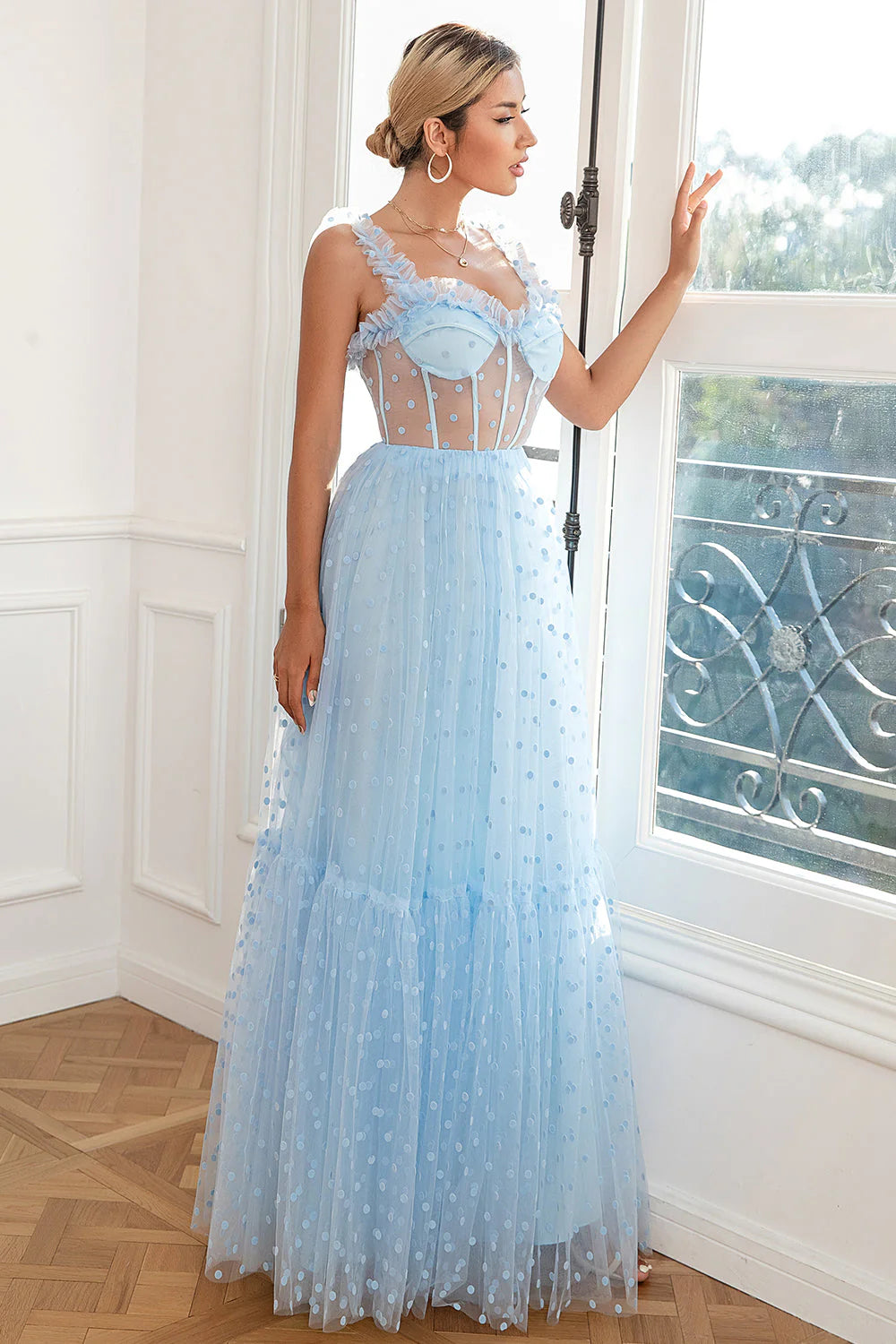 Sky Blue Polka Dots Tulle Full Of Charm Prom Dress