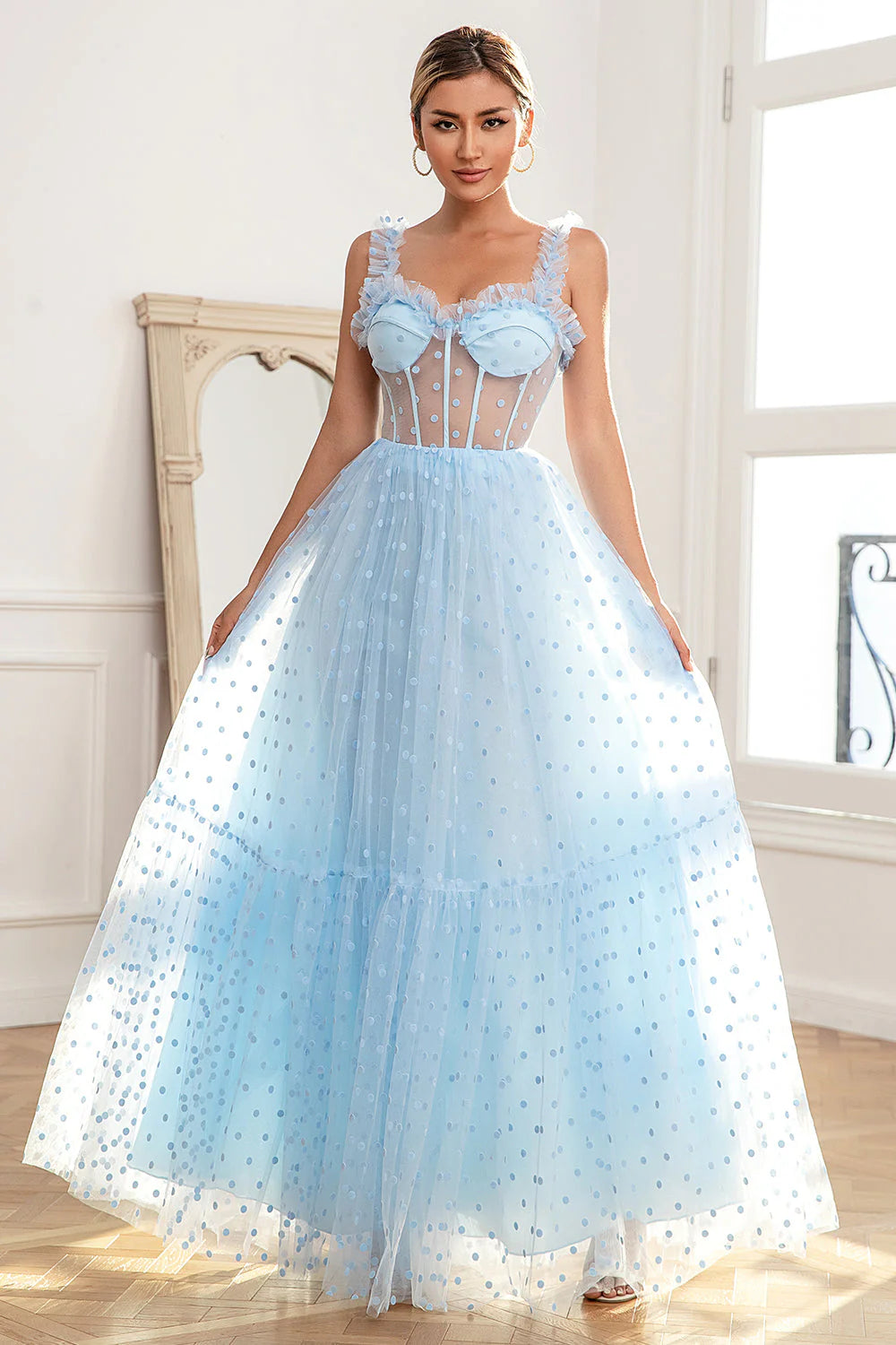 Sky Blue Polka Dots Tulle Full Of Charm Prom Dress