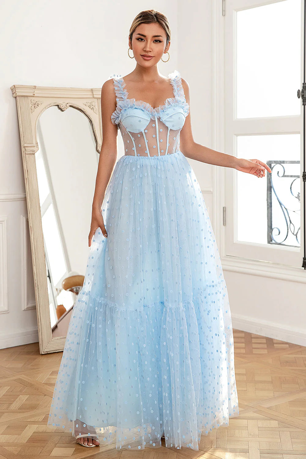 Sky Blue Polka Dots Tulle Full Of Charm Prom Dress
