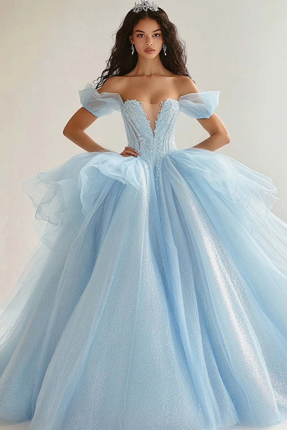Sky Blue Princess Ball Gown Glitter Long Tulle Quinceanera Dress with Ruffles