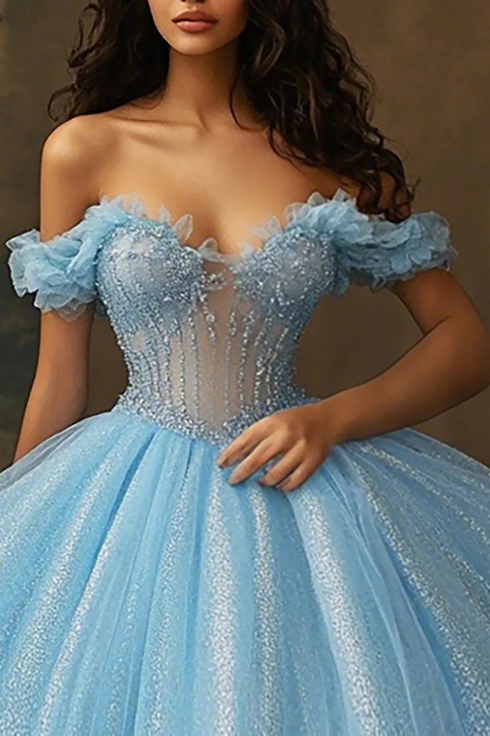 Sky Blue Princess Glitter Ball Gown Long Quinceanera Dress with Ruffles