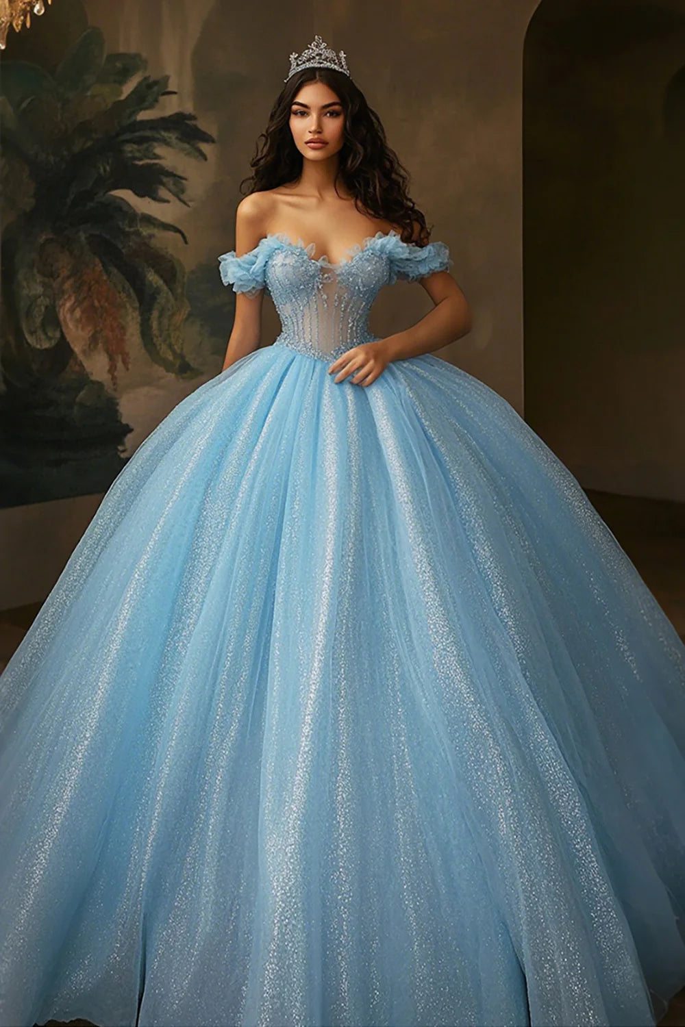 Sky Blue Princess Glitter Ball Gown Long Quinceanera Dress with Ruffles