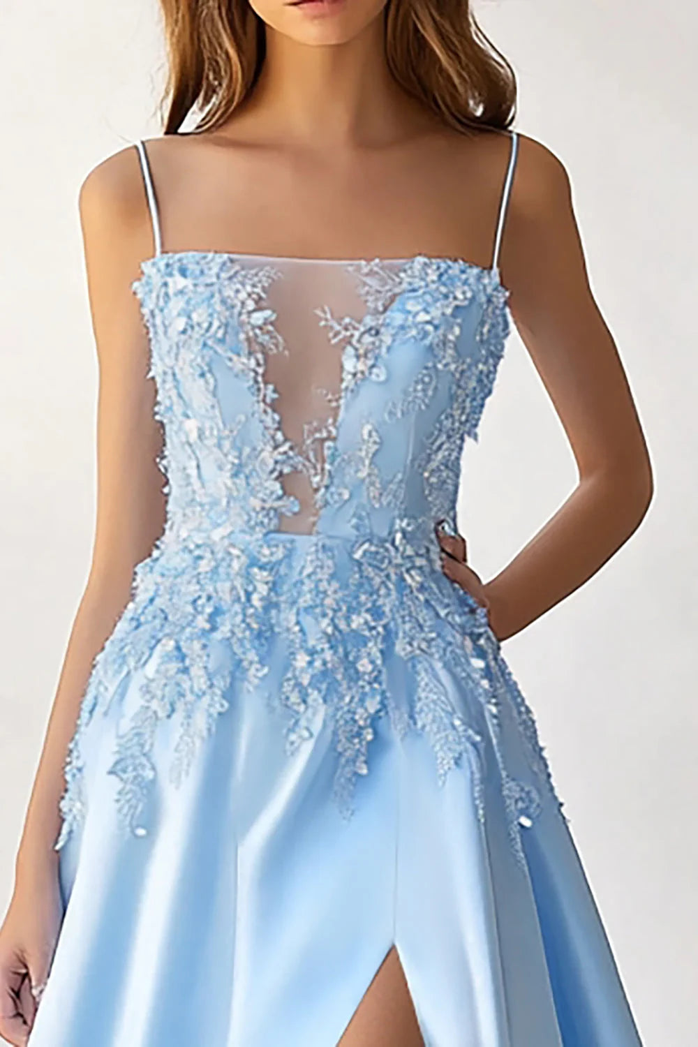 Sky Blue Satin A-Line Spaghetti Straps Long Prom Dress with Slit