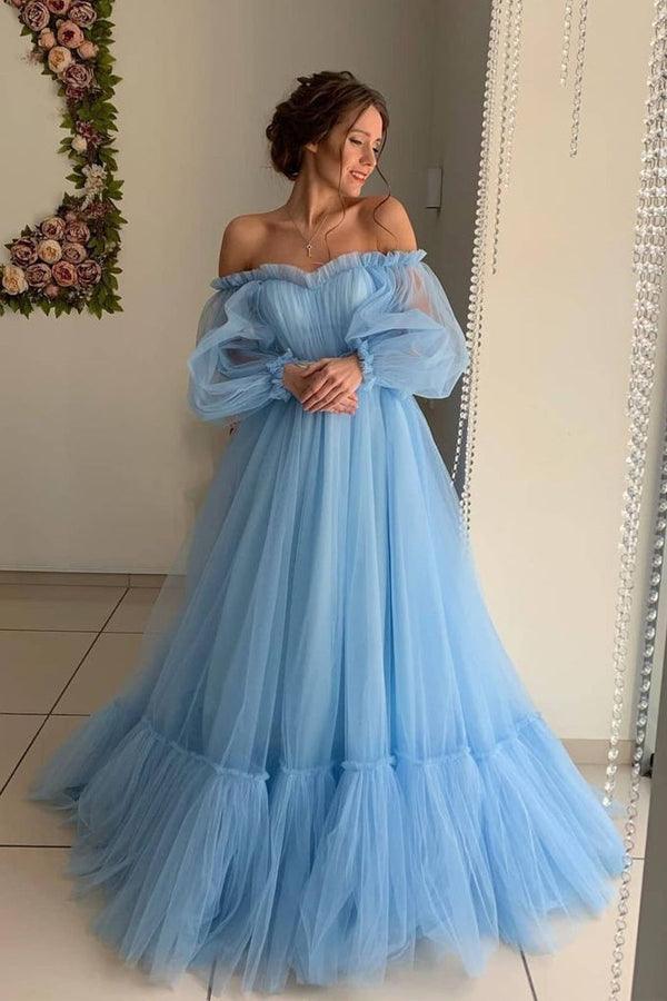 Off the Shoulder Sky Blue Long Prom Dress Elegant Full Of Charm Prom Dress