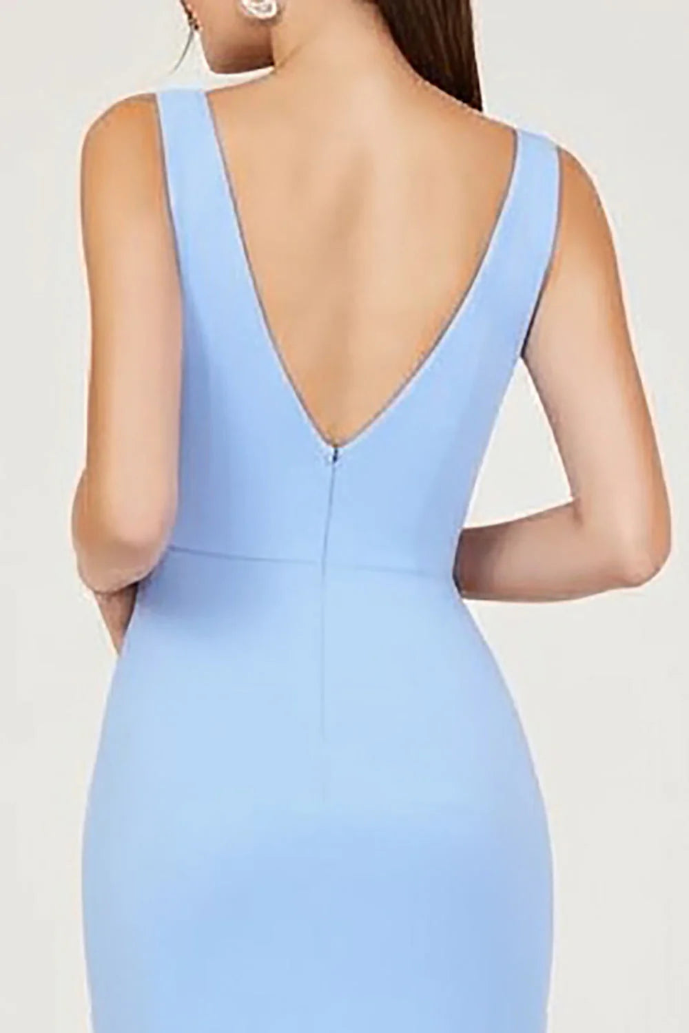 Sky Blue V-Neck Ruched Sheath Long Formal Dress with Slit