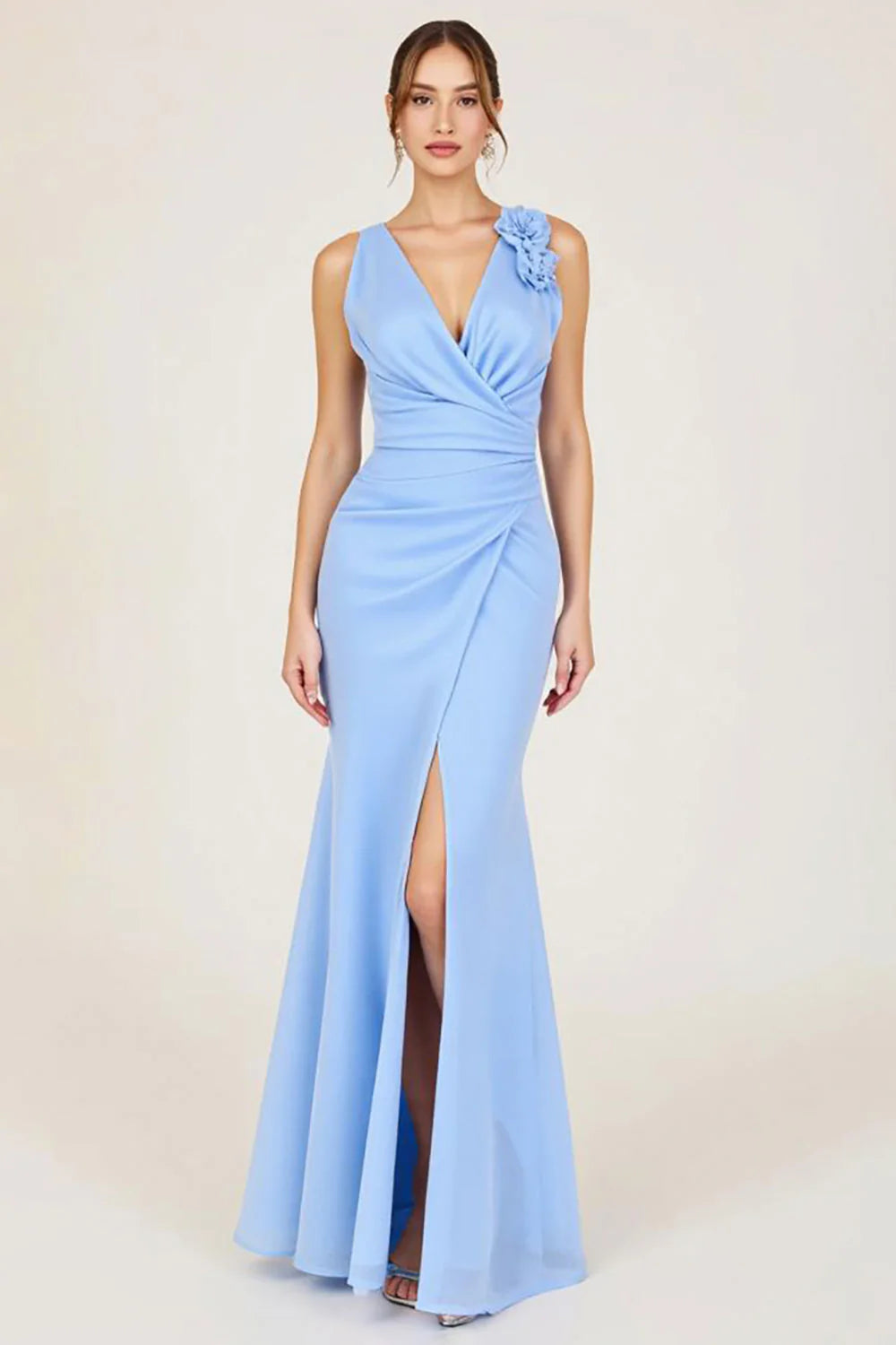 Sky Blue V-Neck Ruched Sheath Long Formal Dress with Slit
