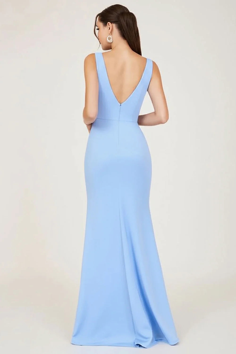 Sky Blue V-Neck Ruched Sheath Long Formal Dress with Slit