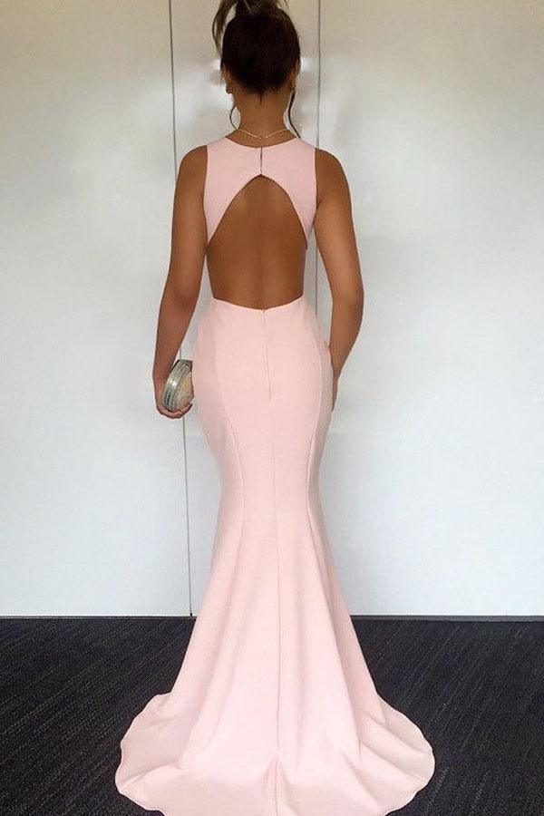 Sleek Blush Mermaid Keyhole-Neck Sleeveless Open-Back Floor-Length Prom Dress