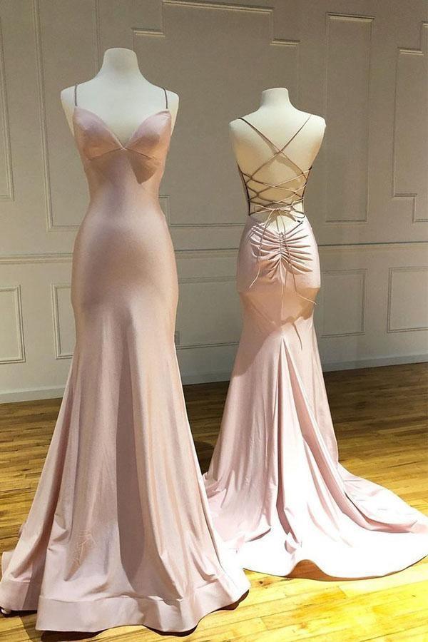 Sleek Blush Mermaid Plunging V-Neck Spaghetti-Strap Lace-Up Floor-Length Prom Dress