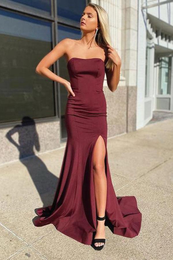 Sleek Burgundy Mermaid Strapless Lace-Up High-Slit Floor-Length Prom Dress