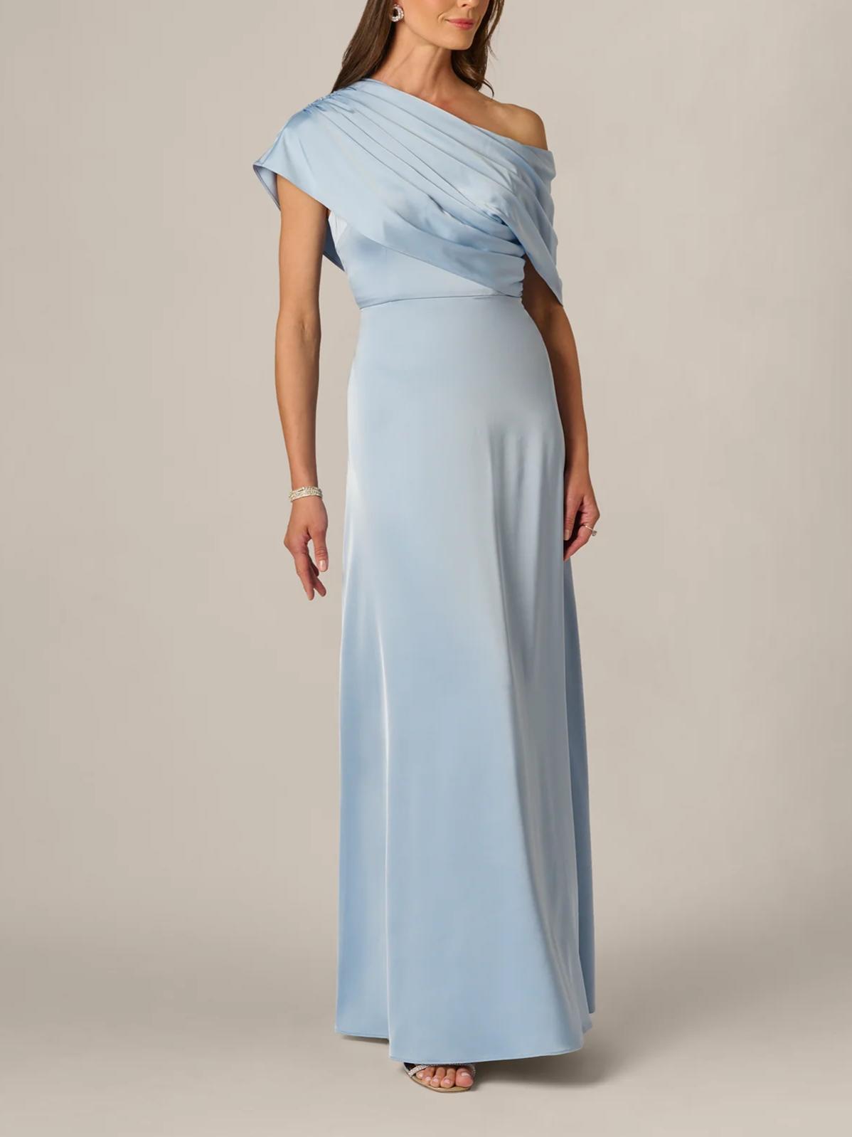 Sleek Column Asymmetric One-Shoulder Sleeveless Zipper-Back Floor-Length Satin Evening Dress