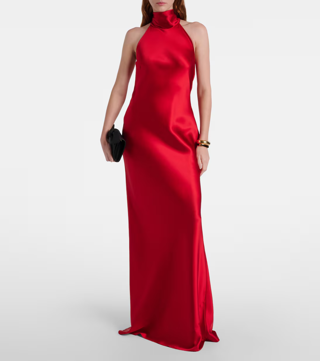 Sleek Column Evening Dress High Neck Halter Sleeveless Bow Back Floor Length Evening Gown