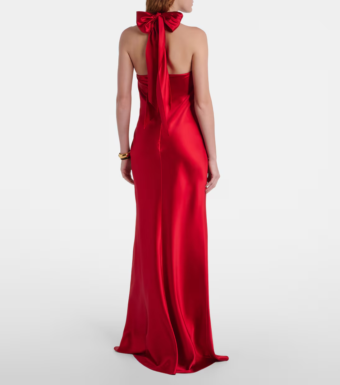 Sleek Column Evening Dress High Neck Halter Sleeveless Bow Back Floor Length Evening Gown
