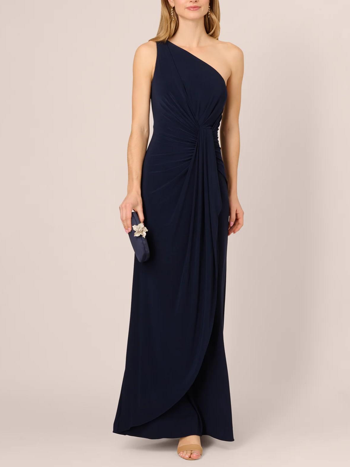 Sleek Column One-Shoulder Sleeveless Zipper-Back Floor-Length Jersey Evening Dress