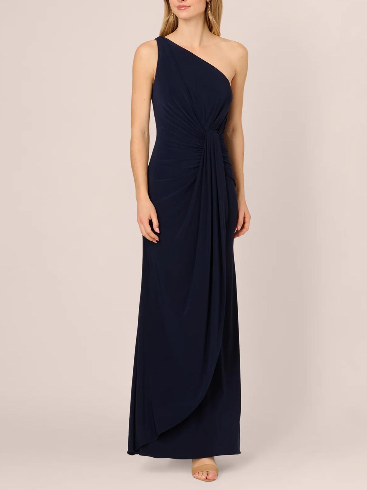 Sleek Column One-Shoulder Sleeveless Zipper-Back Floor-Length Jersey Evening Dress