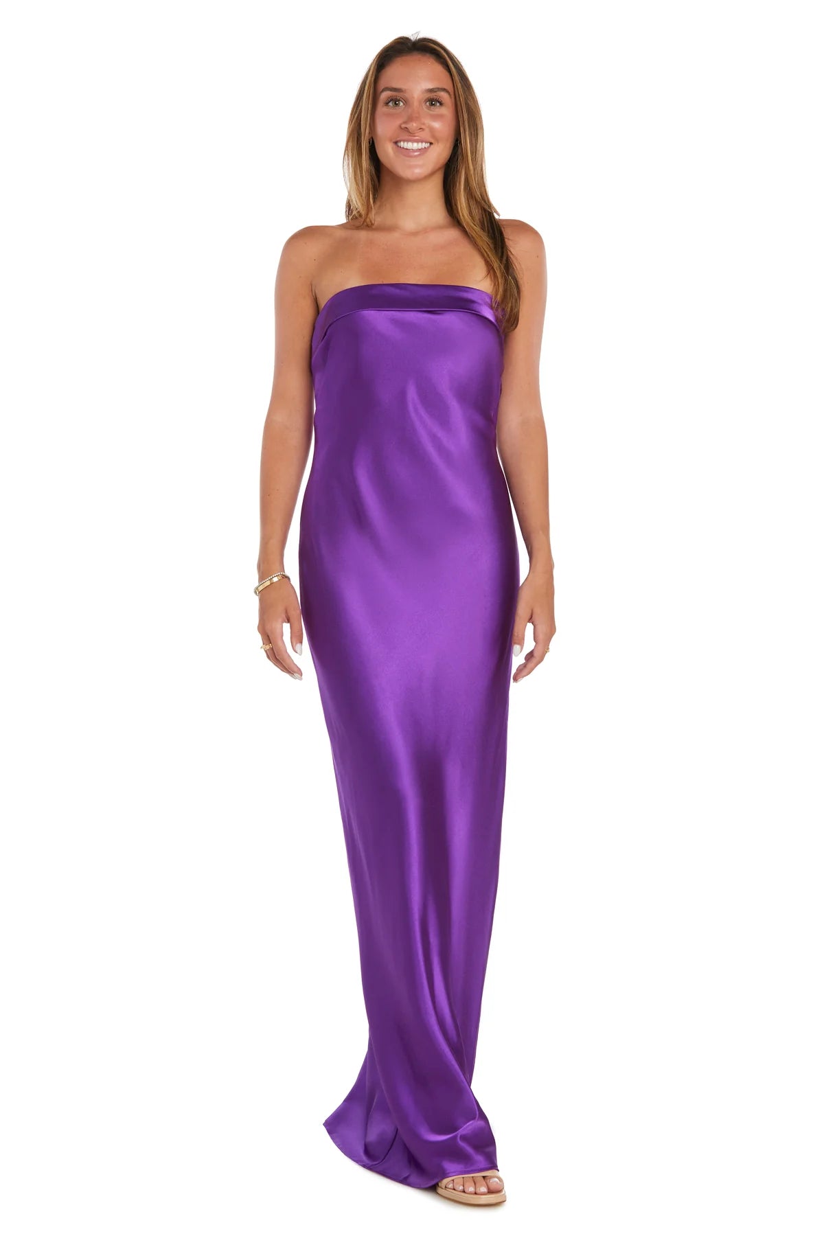 Sleek Column Strapless Sleeveless Open Back Floor Length Bridesmaid Dress with Fold Over Neckline
