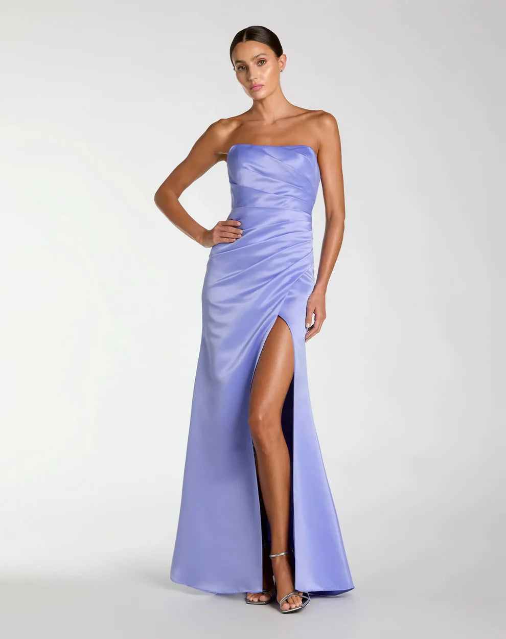 Sleek Form-Fitting Strapless Sleeveless Ruched Open Back Satin Maxi Evening Dress