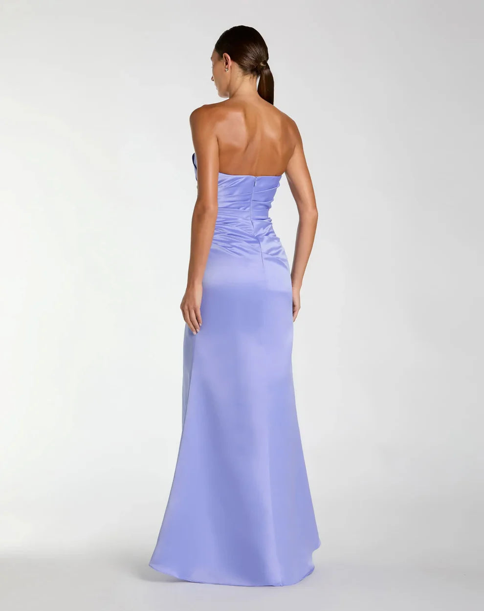 Sleek Form-Fitting Strapless Sleeveless Ruched Open Back Satin Maxi Evening Dress