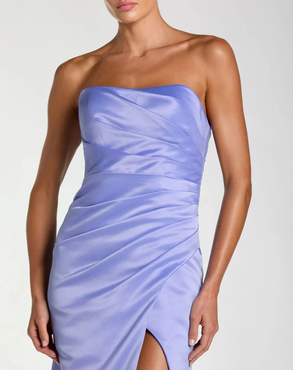 Sleek Form-Fitting Strapless Sleeveless Ruched Open Back Satin Maxi Evening Dress