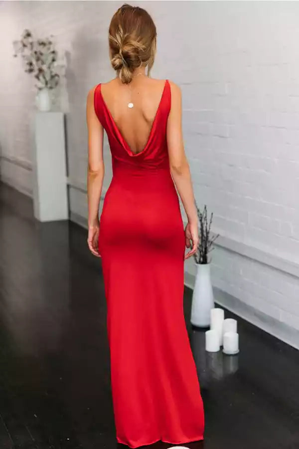 Sleek Red Satin Mermaid Gown with Plunge V-Neck & Cowl Back