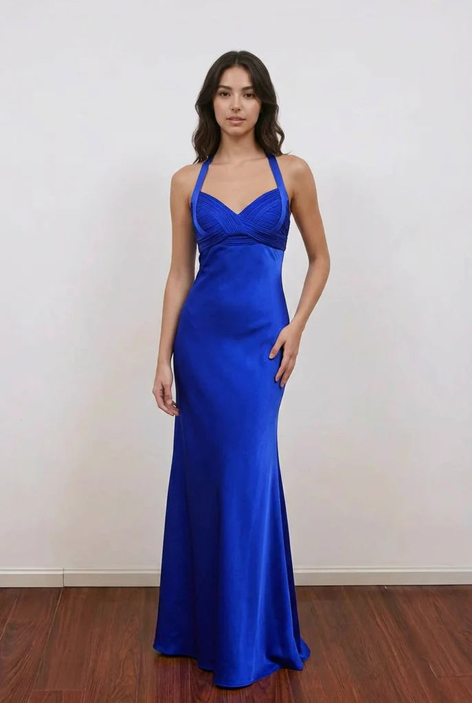 Sleek Royal Blue Mermaid Halter Cross-Back Floor-Length Prom Dress