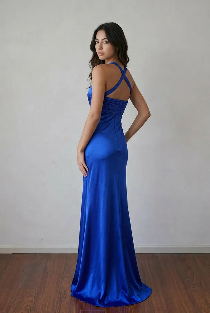 Sleek Royal Blue Mermaid Halter Cross-Back Floor-Length Prom Dress