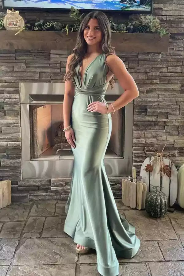 Sleek Sage Green Satin Mermaid Gown with Halter Neck & Tie-Back Detail