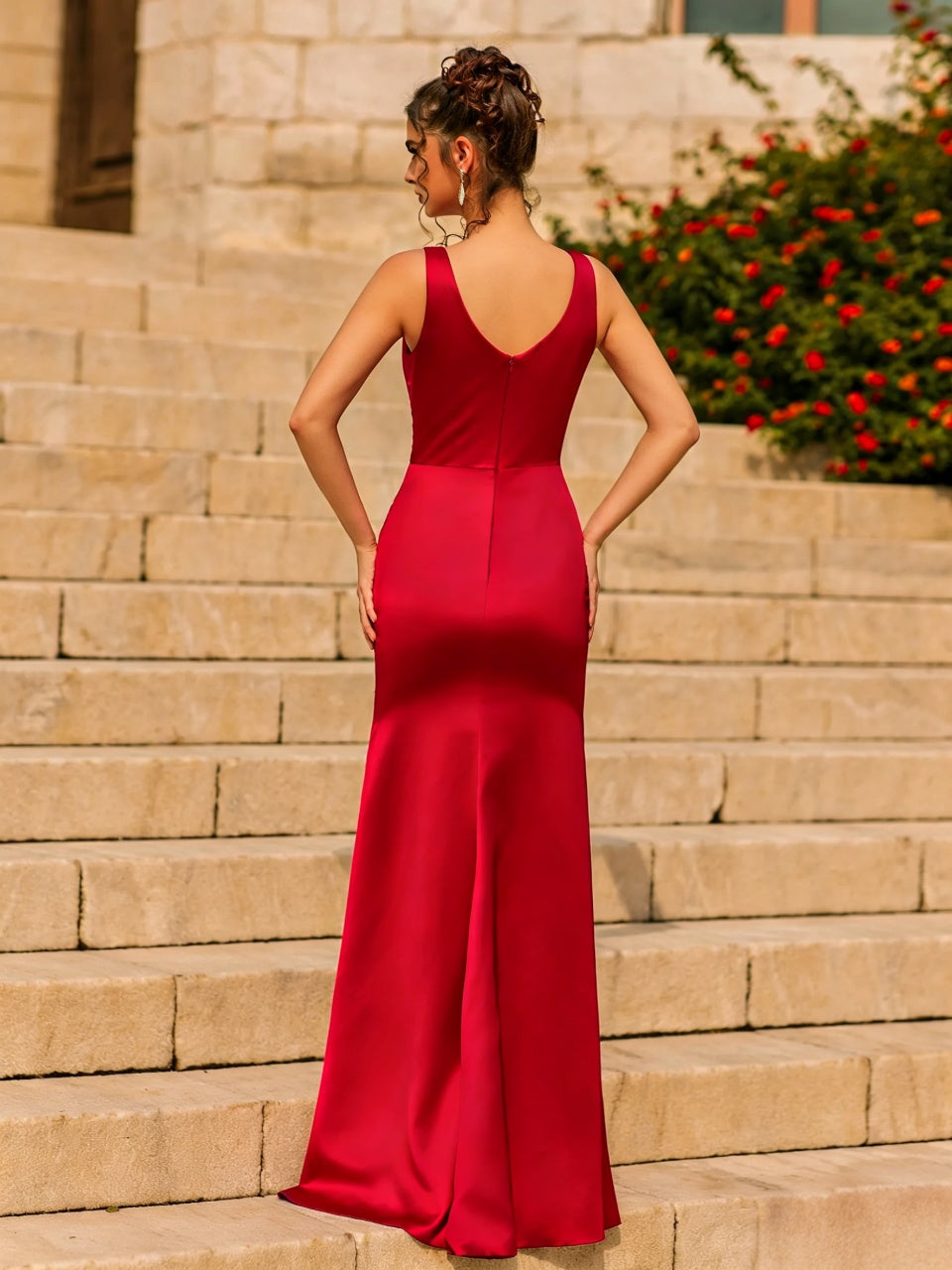 Sleek Satin Mermaid V-Neck Sleeveless Ruched-Bodice Slit Floor Length Evening Dress