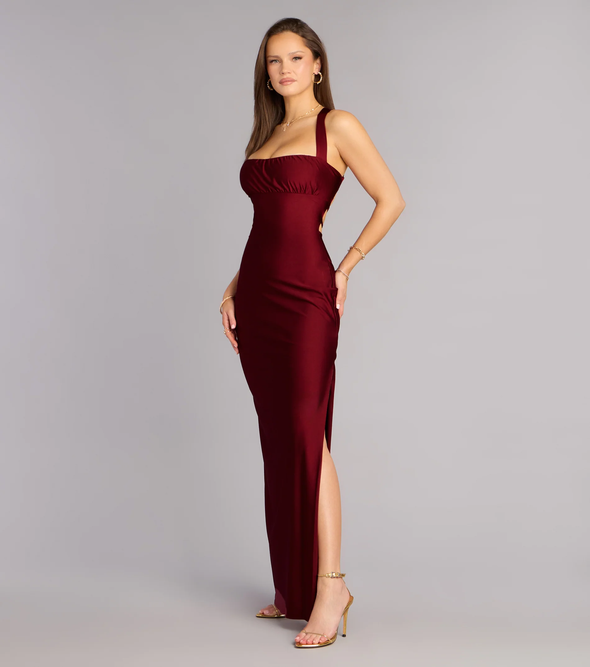 Sleek Satin One-Shoulder Ruched Waist Cutout Lace-Up Back High Slit Maxi Prom Dress